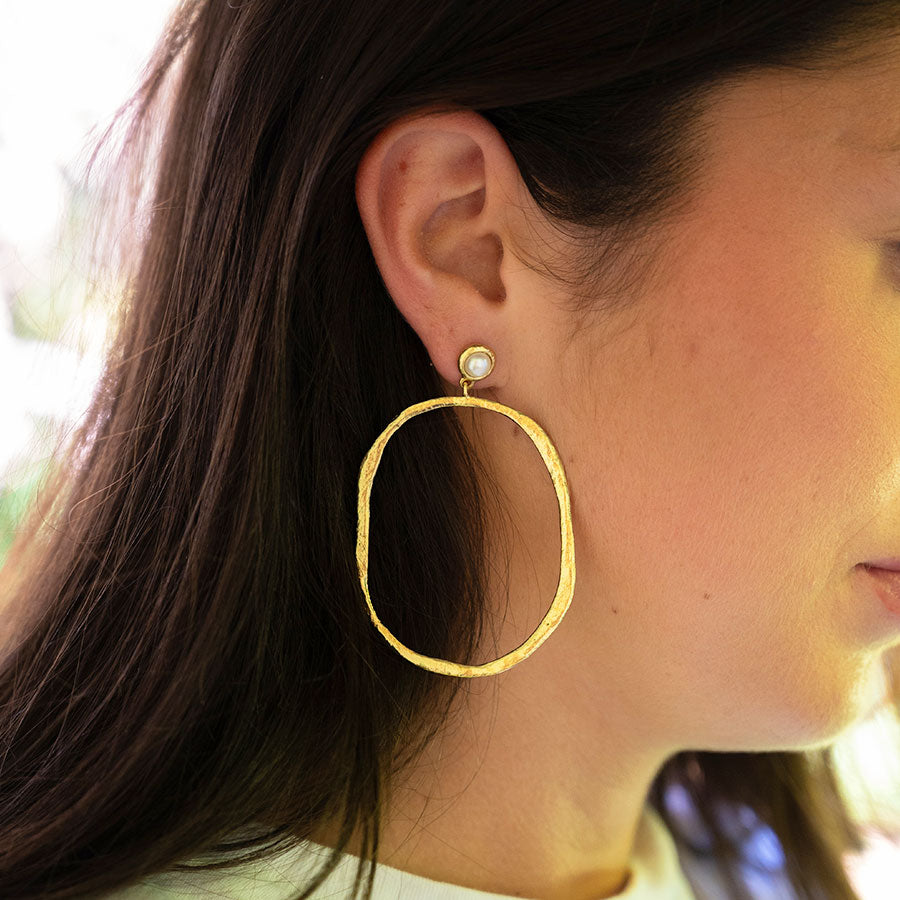 Lunar pearl oval hoop earrings