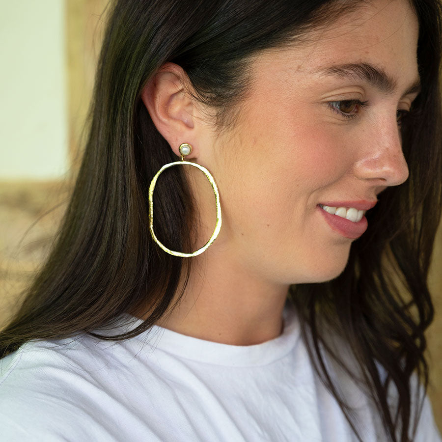 Lunar pearl oval hoop earrings