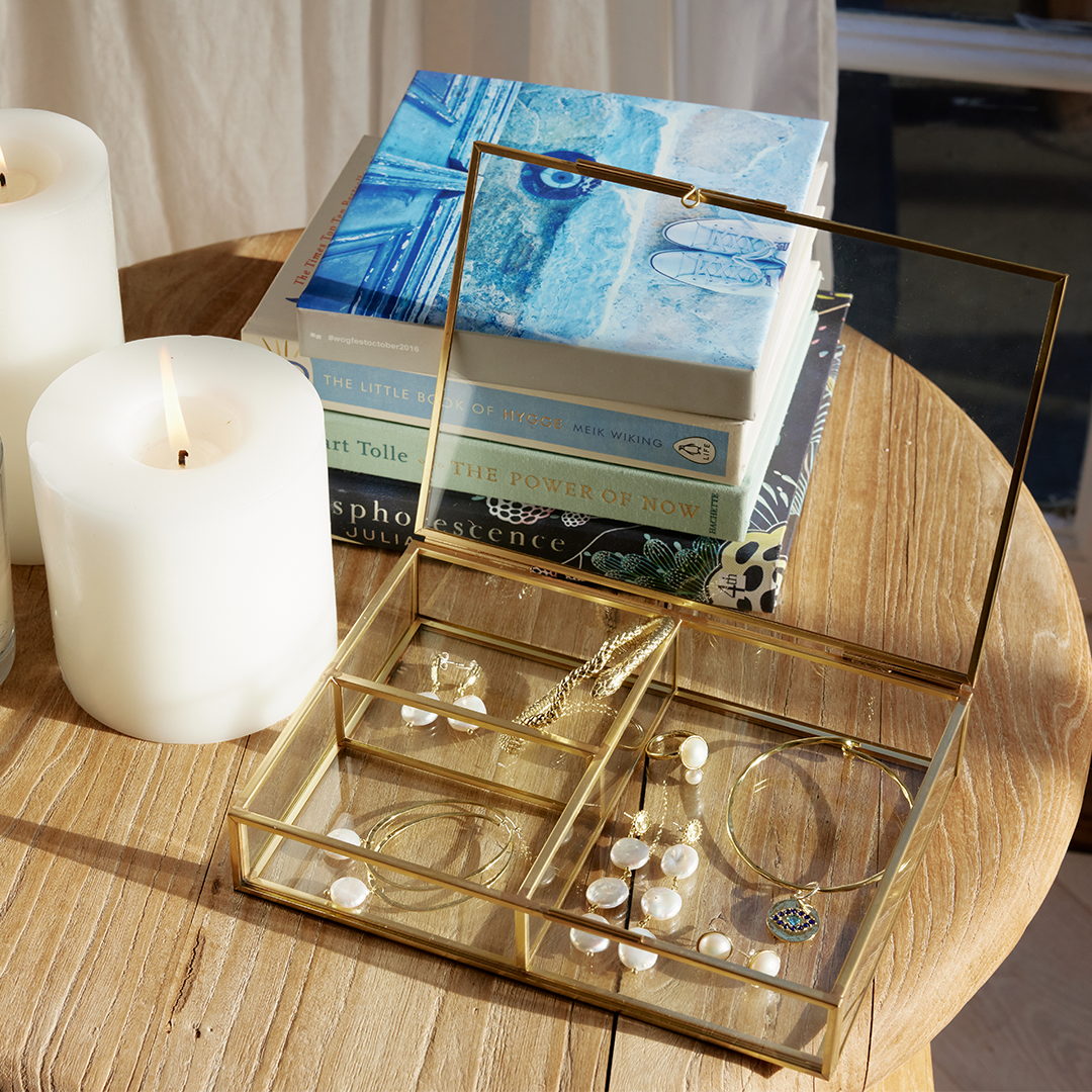 Brass and glass section lidded jewellery box