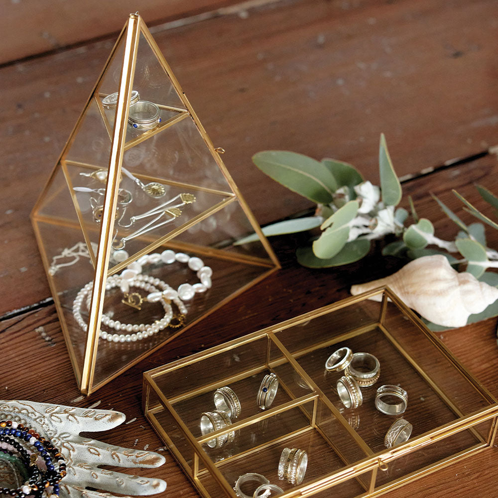 Brass and glass pyramid display case