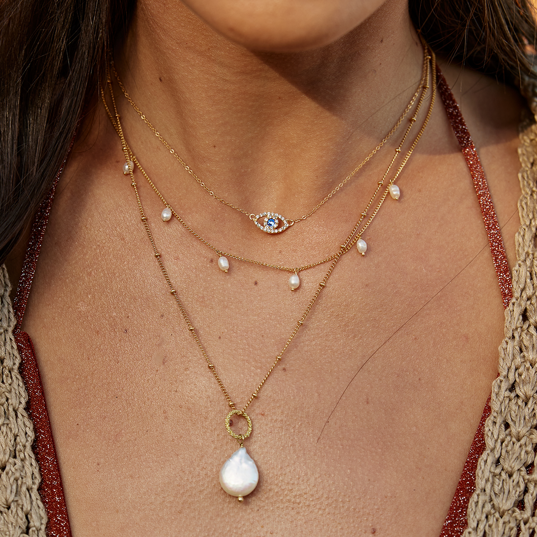 Positano pearl and chain necklace 18k gold plated